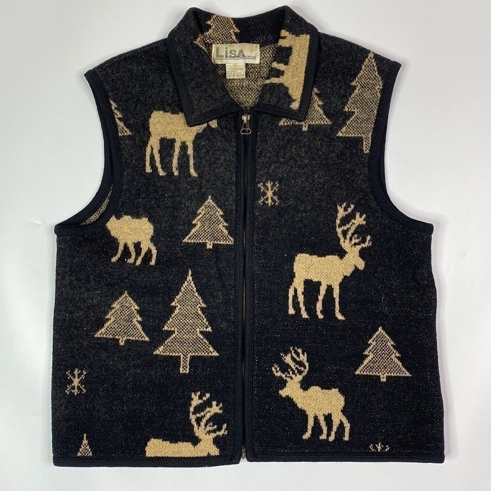 Vintage Lisa International Northwoods Elk Gray Tan Wool Full Zip Vest Medium